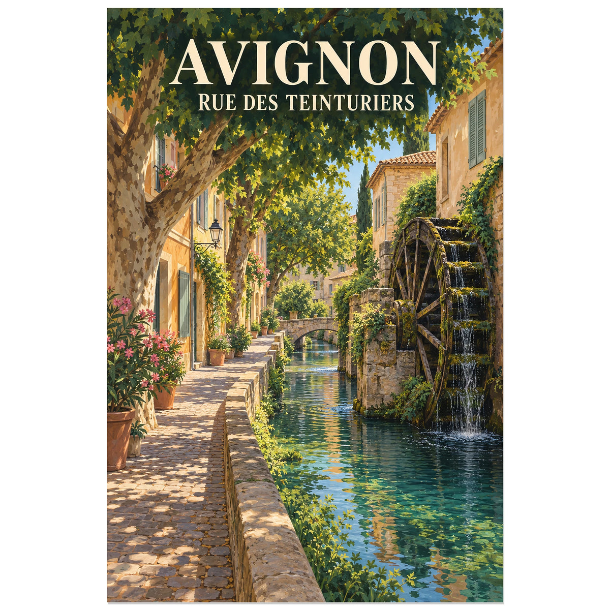Affiche Avignon Rue des Teinturiers, illustration peinte / affiche de voyage rétro verticale, format 30 × 45 cm