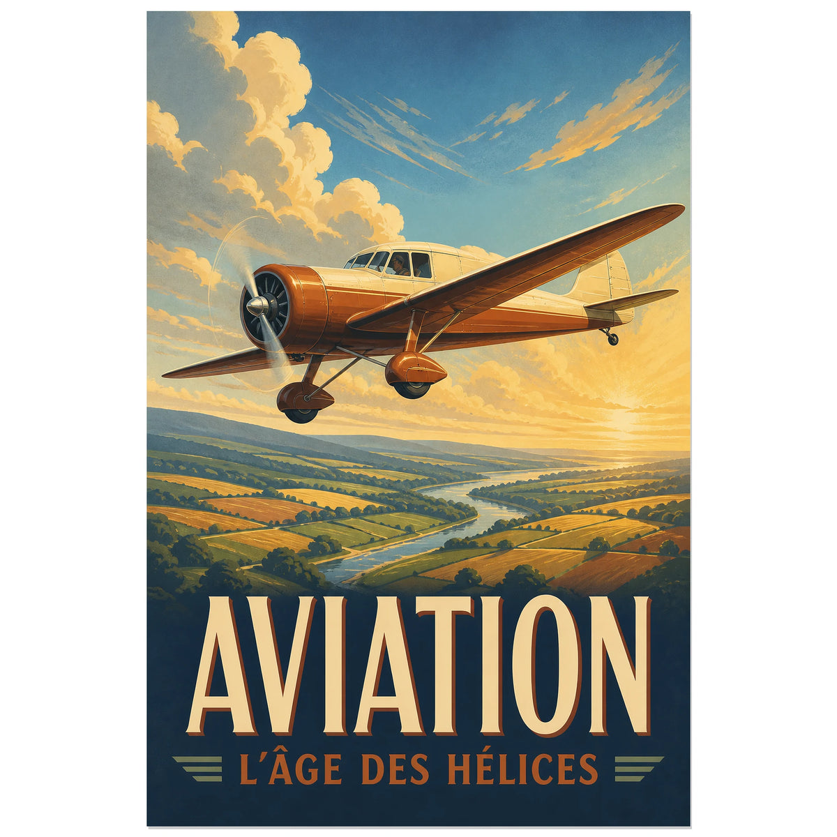 Affiche Aviation – L’âge des hélices, illustration rétro de voyage aérien à texture imprimée légère verticale, format 40 × 60 cm