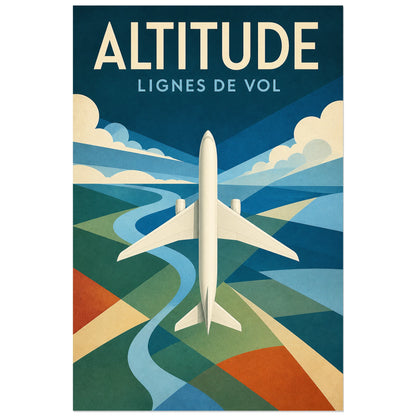 Affiche Altitude – Lignes de vol, illustration géométrique moderniste consacrée à l’aviation verticale, format 40 × 60 cm