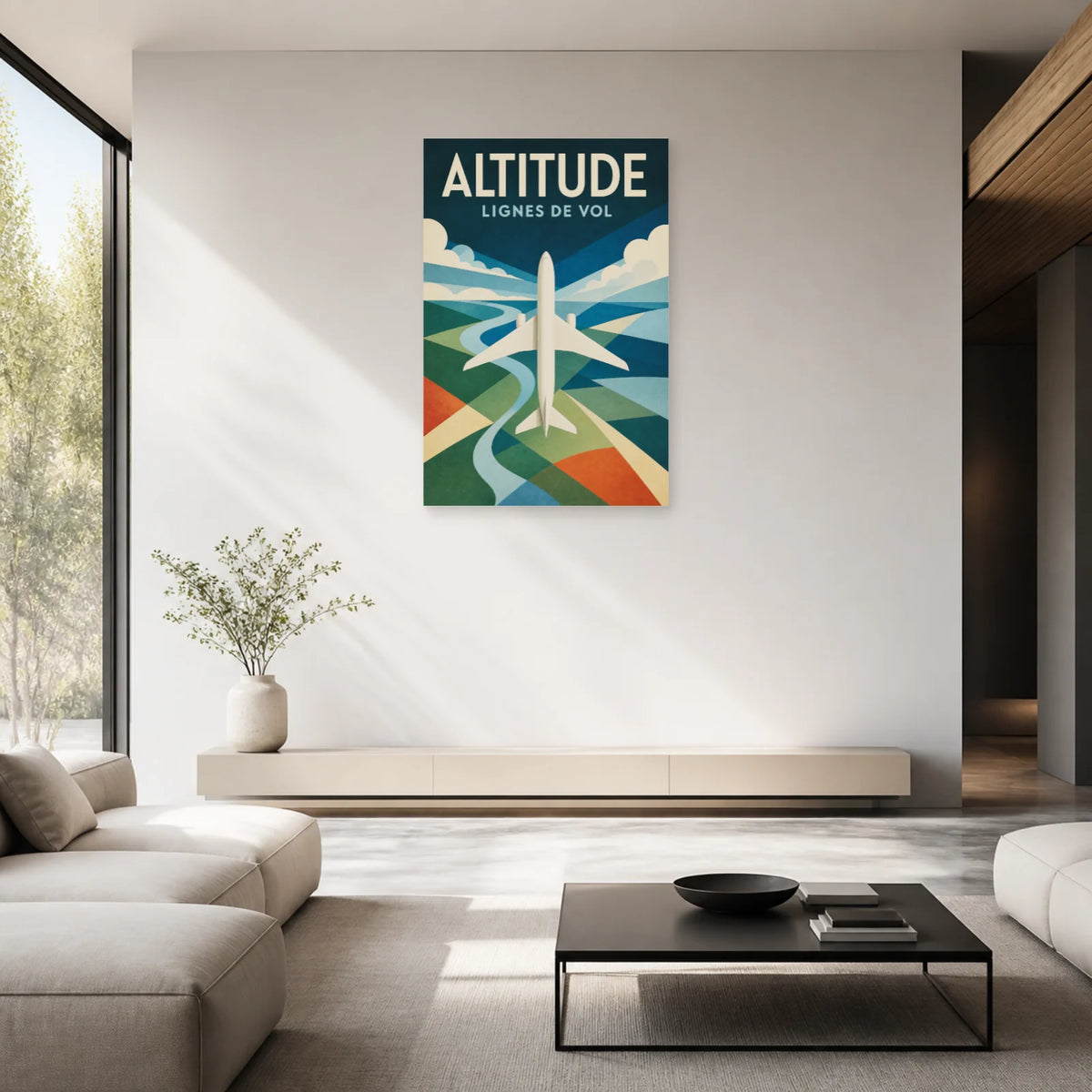 Affiche Avion géométrique – Altitude dans un salon - Art Virtuoso