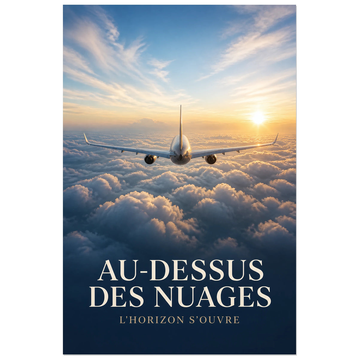 Affiche Au-dessus des nuages – L’horizon s’ouvre, photographie aérienne cinématographique au lever du soleil verticale, format 30 × 45 cm