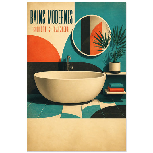 Affiche Bains Modernes – Confort & Fraîcheur, publicité domestique des années 1950 au graphisme mid-century verticale, format 30 × 45 cm