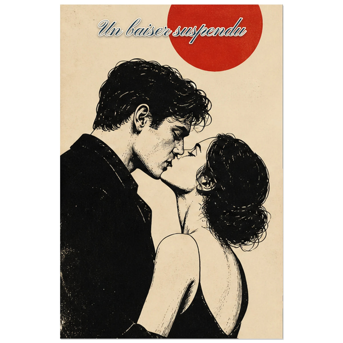 Affiche Un baiser suspendu - Couple en noir et blanc, linogravure romantique expressive à contraste élevé verticale, format 30 × 45 cm