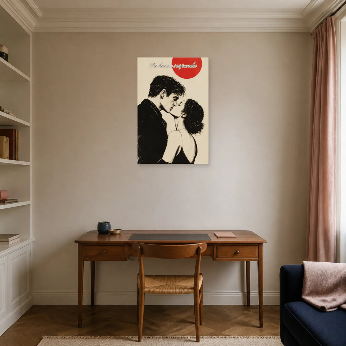 Affiche Un baiser suspendu - Couple en noir et blanc dans un bureau - Art Virtuoso