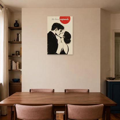 Affiche Un baiser suspendu - Couple en noir et blanc dans une salle à manger - Art Virtuoso