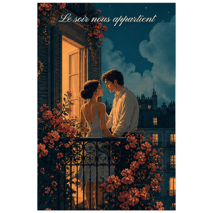 Affiche Le soir nous appartient - Rendez-vous au balcon, illustration éditoriale narrative aux lumières cinématographiques verticale, format 40 × 60 cm