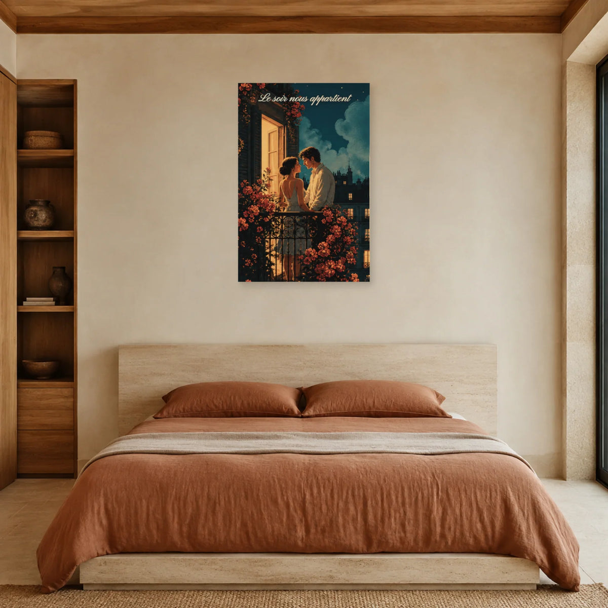 Affiche Le soir nous appartient - Rendez-vous au balcon dans une chambre - Art Virtuoso