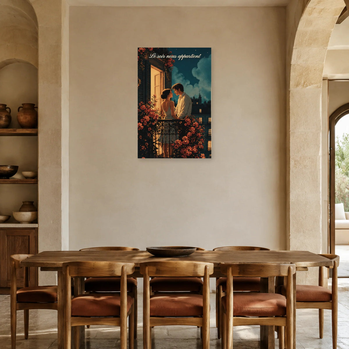 Affiche Le soir nous appartient - Rendez-vous au balcon dans une salle à manger - Art Virtuoso