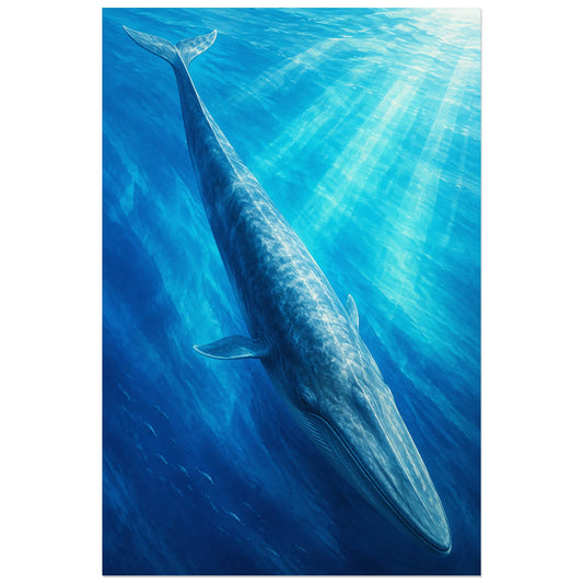 Affiche Baleine bleue – Le silence immense, peinture naturaliste / illustration sous-marine verticale, format 30 × 45 cm