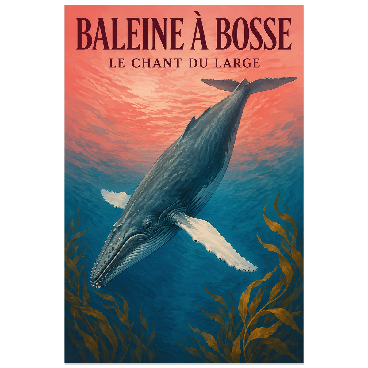 Affiche Baleine à bosse – Le chant du large, gouache naturaliste / affiche vintage verticale, format 30 × 45 cm