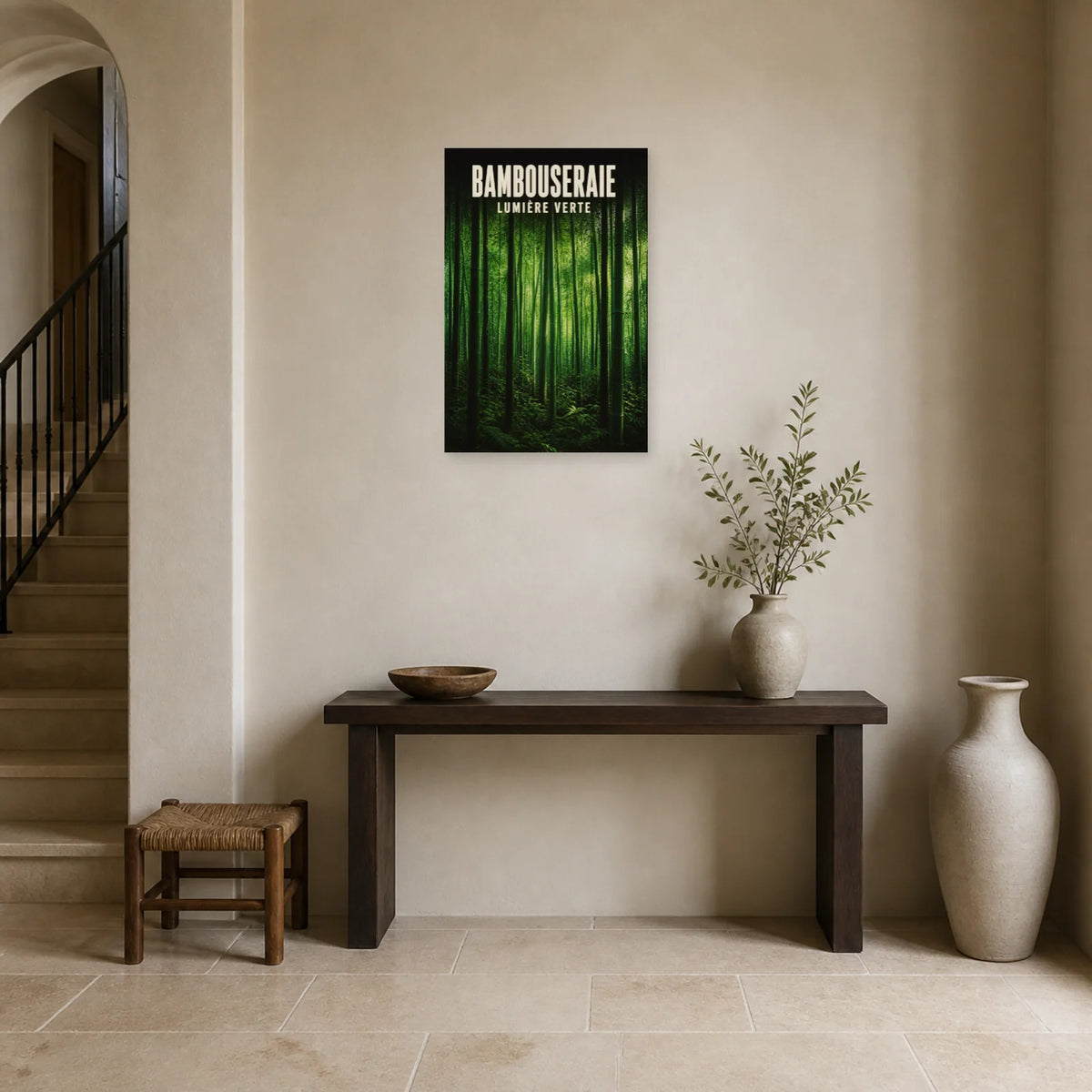 Affiche Bambouseraie – Lumière verte dans une entrée ou un couloir - Art Virtuoso