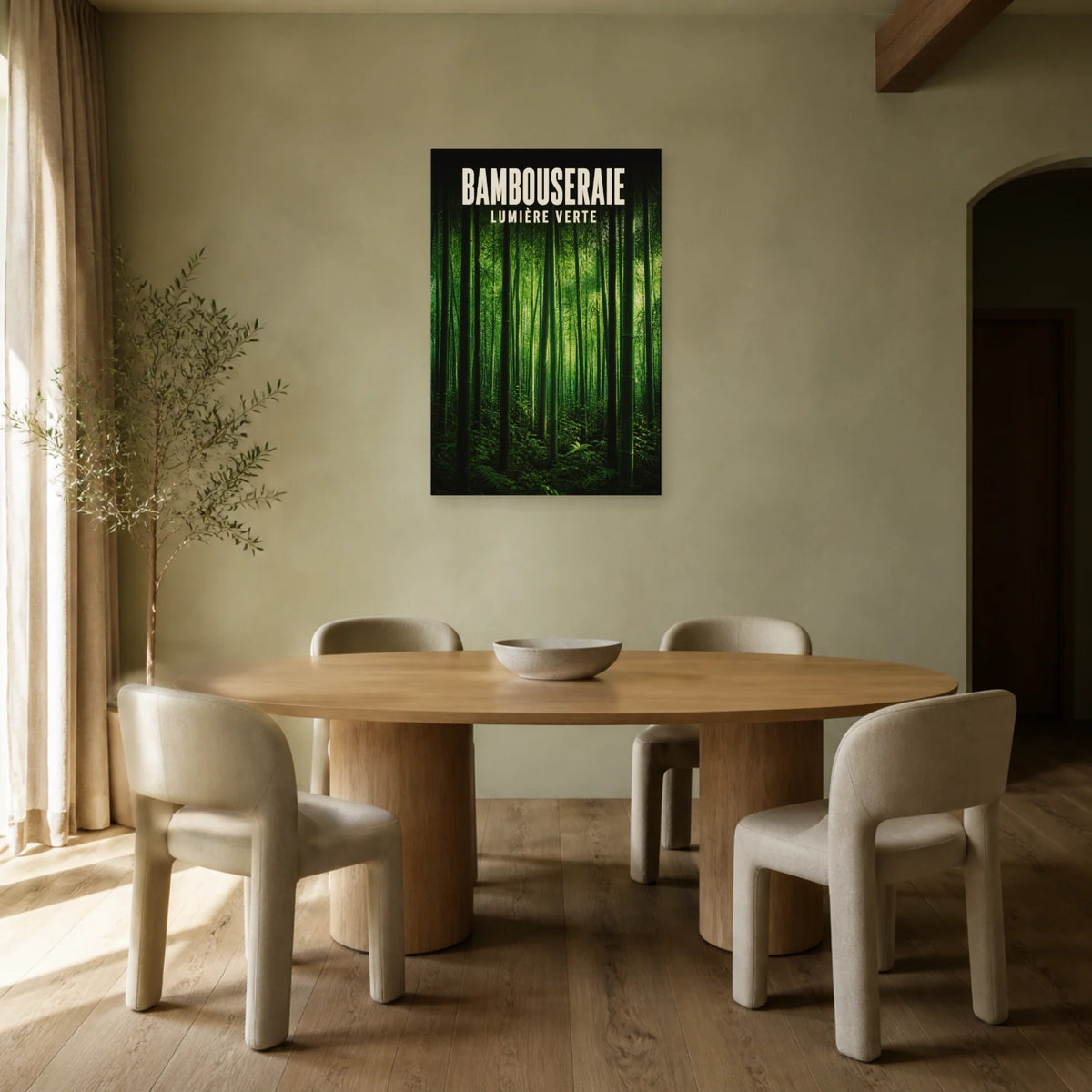 Affiche Bambouseraie – Lumière verte dans une salle à manger - Art Virtuoso