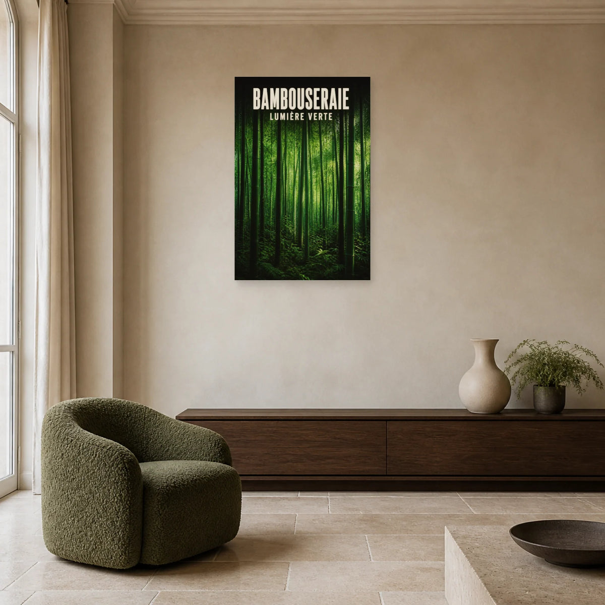 Affiche Bambouseraie – Lumière verte dans un salon - Art Virtuoso