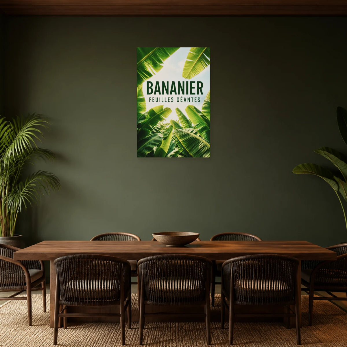 Affiche Bananier – Feuilles géantes dans une salle à manger - Art Virtuoso