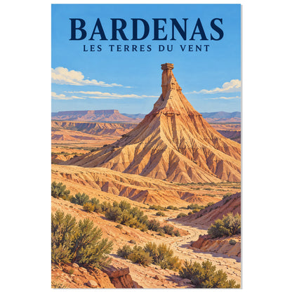 Affiche Bardenas – Castildetierra et les terres du vent, illustration de voyage / gouache figurative / inspiration vintage verticale, format 30 × 45 cm