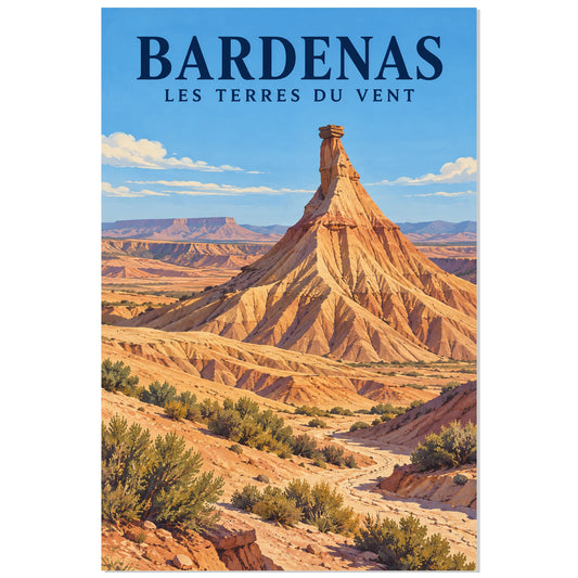 Affiche Bardenas – Castildetierra et les terres du vent, illustration de voyage / gouache figurative / inspiration vintage verticale, format 30 × 45 cm