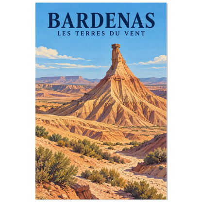 Affiche Bardenas – Castildetierra et les terres du vent, illustration de voyage / gouache figurative / inspiration vintage verticale, format 40 × 60 cm