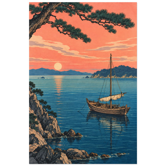 Affiche Barque japonaise - Baie paisible, illustration d'inspiration estampe / paysage marin verticale, format 30 × 45 cm