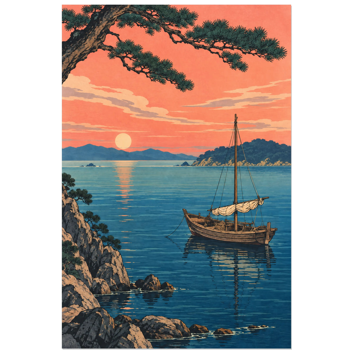 Affiche Barque japonaise - Baie paisible, illustration d'inspiration estampe / paysage marin verticale, format 40 × 60 cm