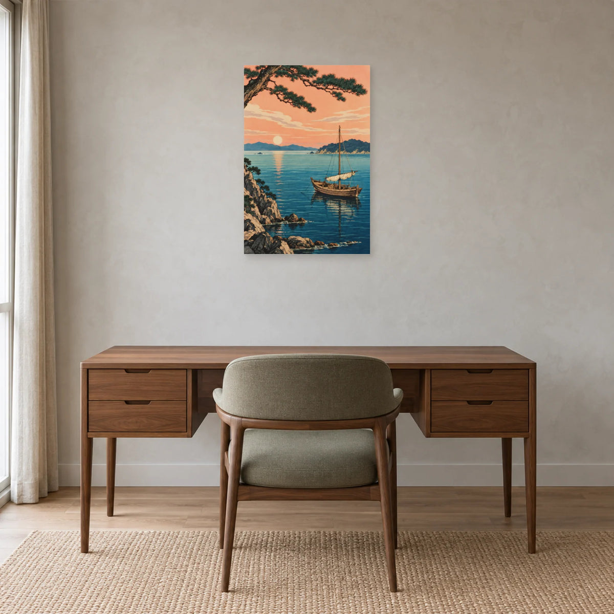 Affiche Barque japonaise - Baie paisible dans un bureau - Art Virtuoso