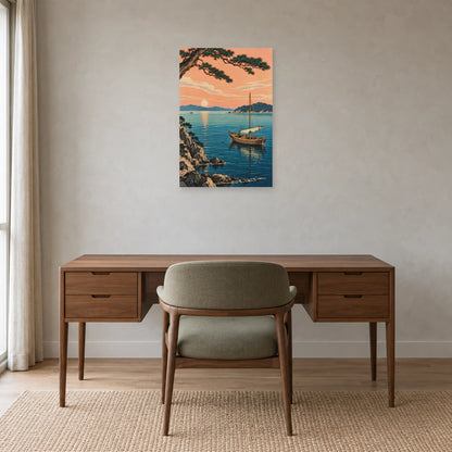 Affiche Barque japonaise - Baie paisible dans un bureau - Art Virtuoso