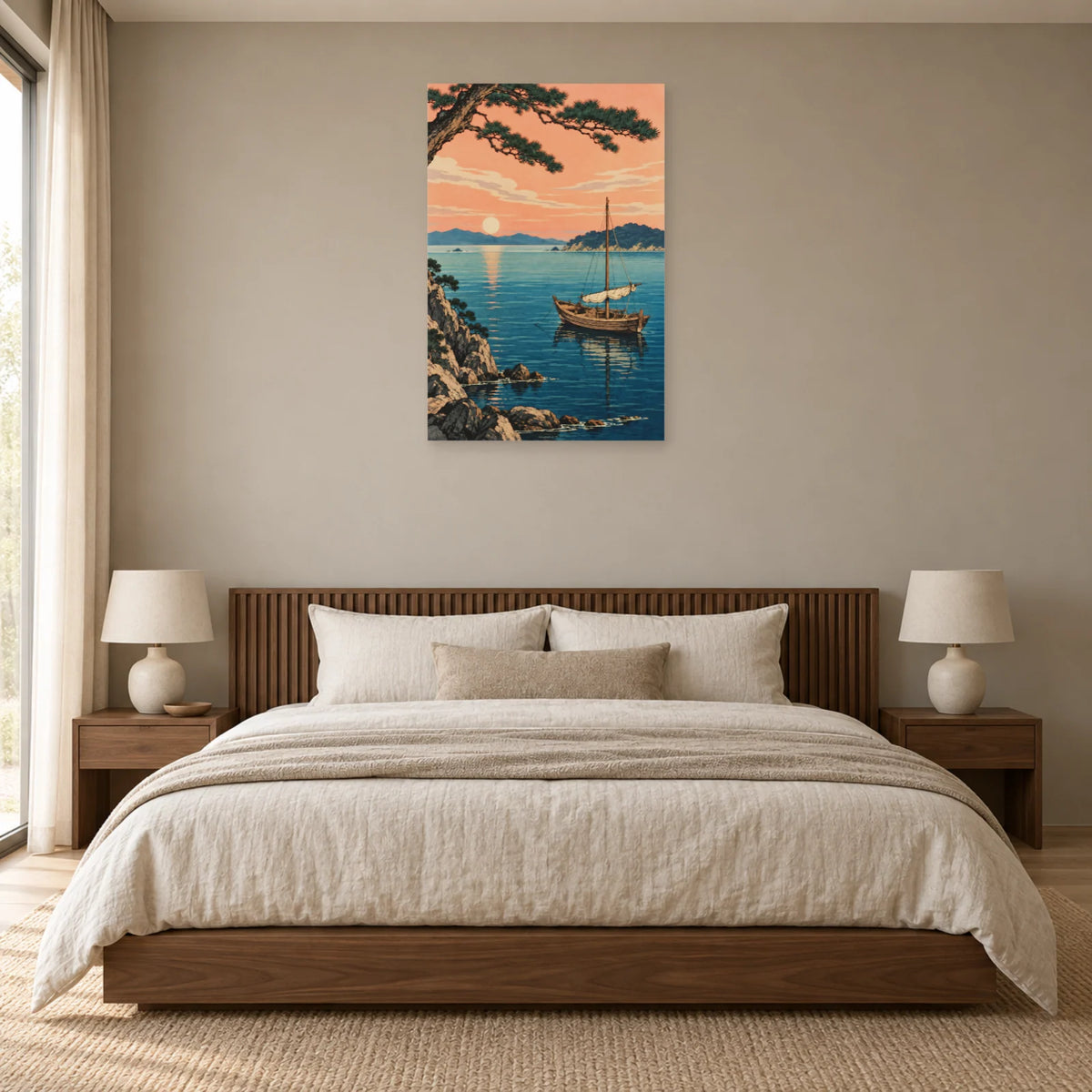 Affiche Barque japonaise - Baie paisible dans une chambre - Art Virtuoso