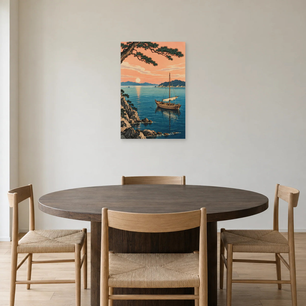 Affiche Barque japonaise - Baie paisible dans une salle à manger - Art Virtuoso
