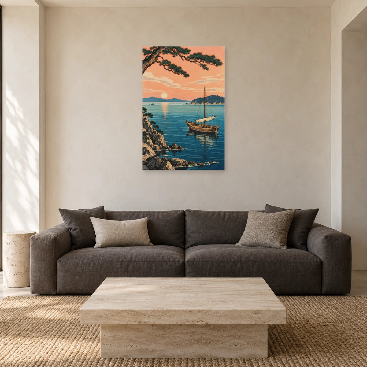 Affiche Barque japonaise - Baie paisible dans un salon - Art Virtuoso