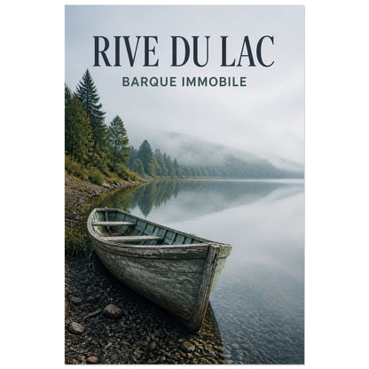 Affiche Rive du Lac – Barque Immobile, photographie de paysage poétique verticale, format 40 × 60 cm