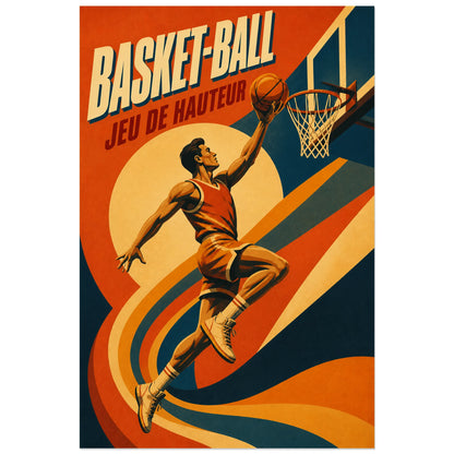 Affiche Basket-Ball – Jeu de Hauteur, affiche sportive des années 1970 aux aplats cinétiques et au lettrage comprimé verticale, format 60 × 90 cm