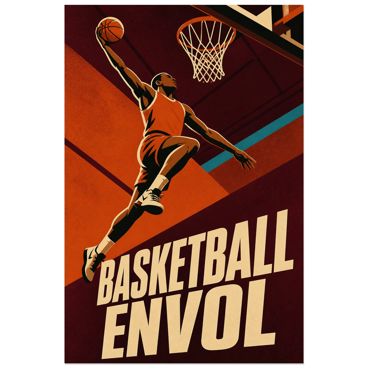 Illustration orange et bordeaux d'un joueur de basket en plein envol, affiche 60 × 90 cm