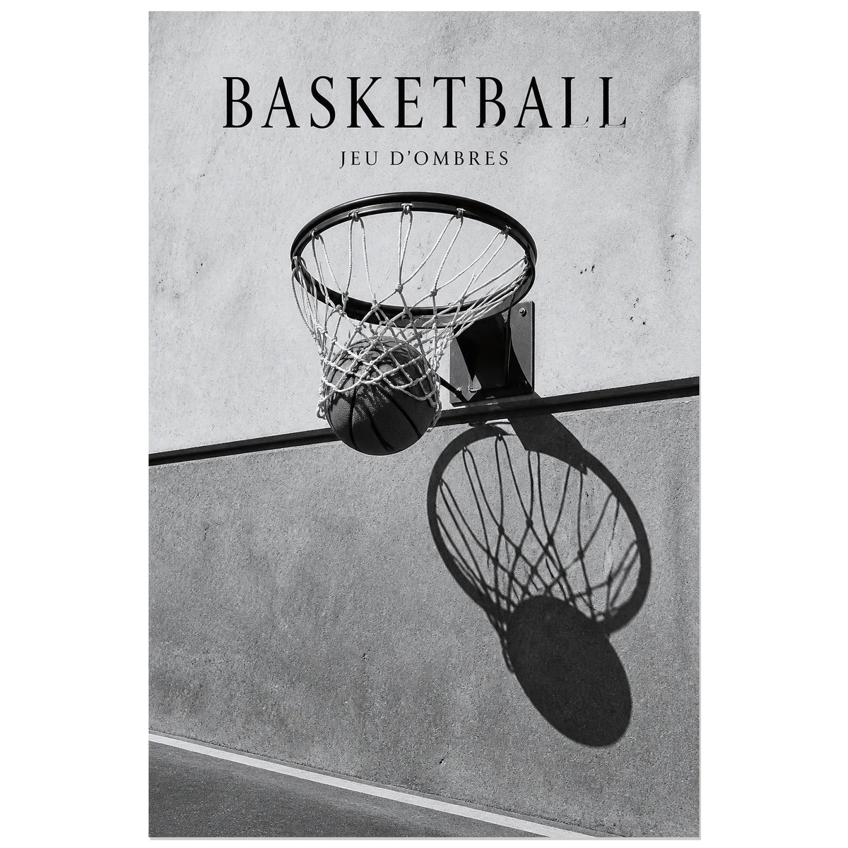 Affiche Basketball – Jeu d’Ombres, photographie sportive graphique verticale, format 30 × 45 cm