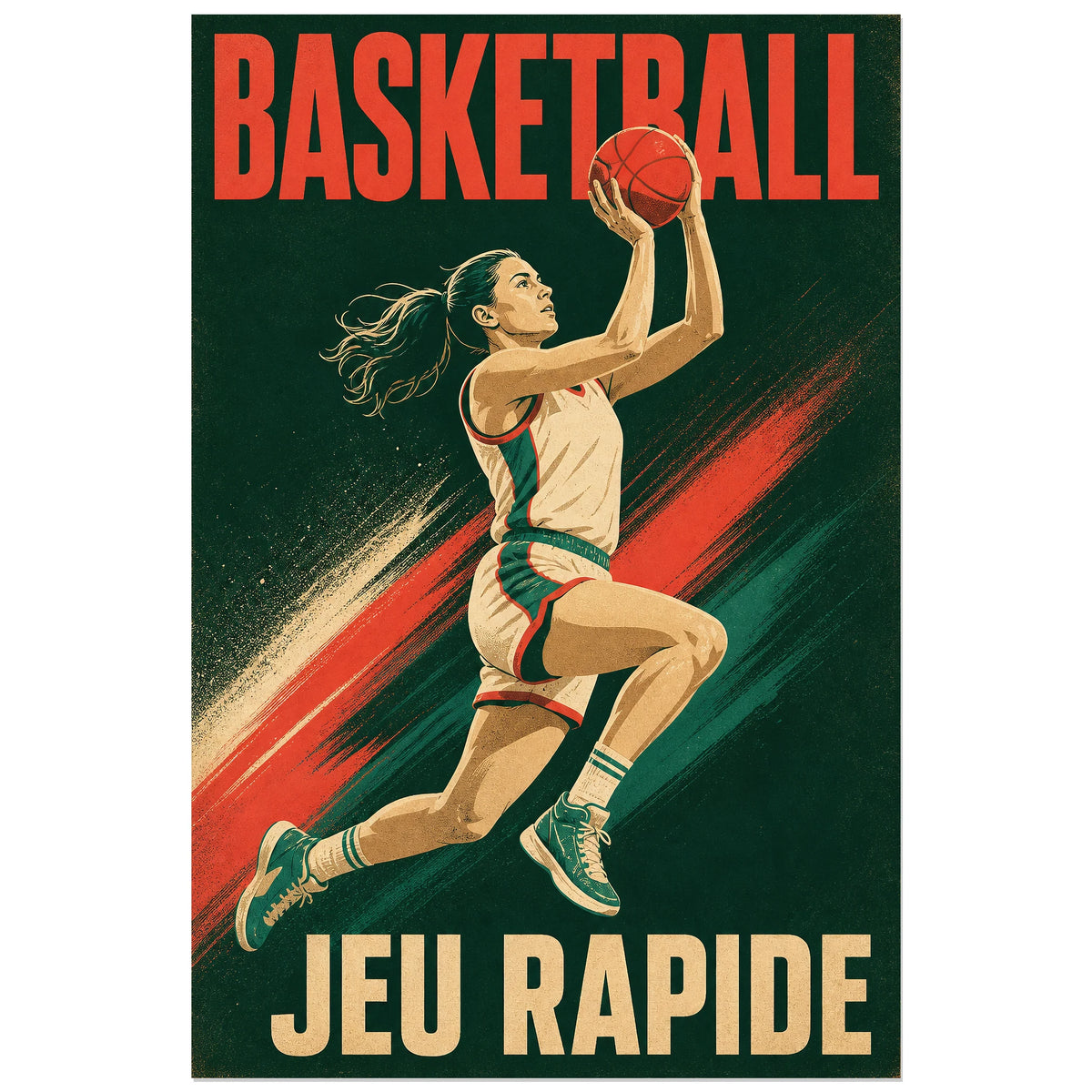 Affiche 40 × 60 cm avec basketteuse au ballon levé et diagonale corail