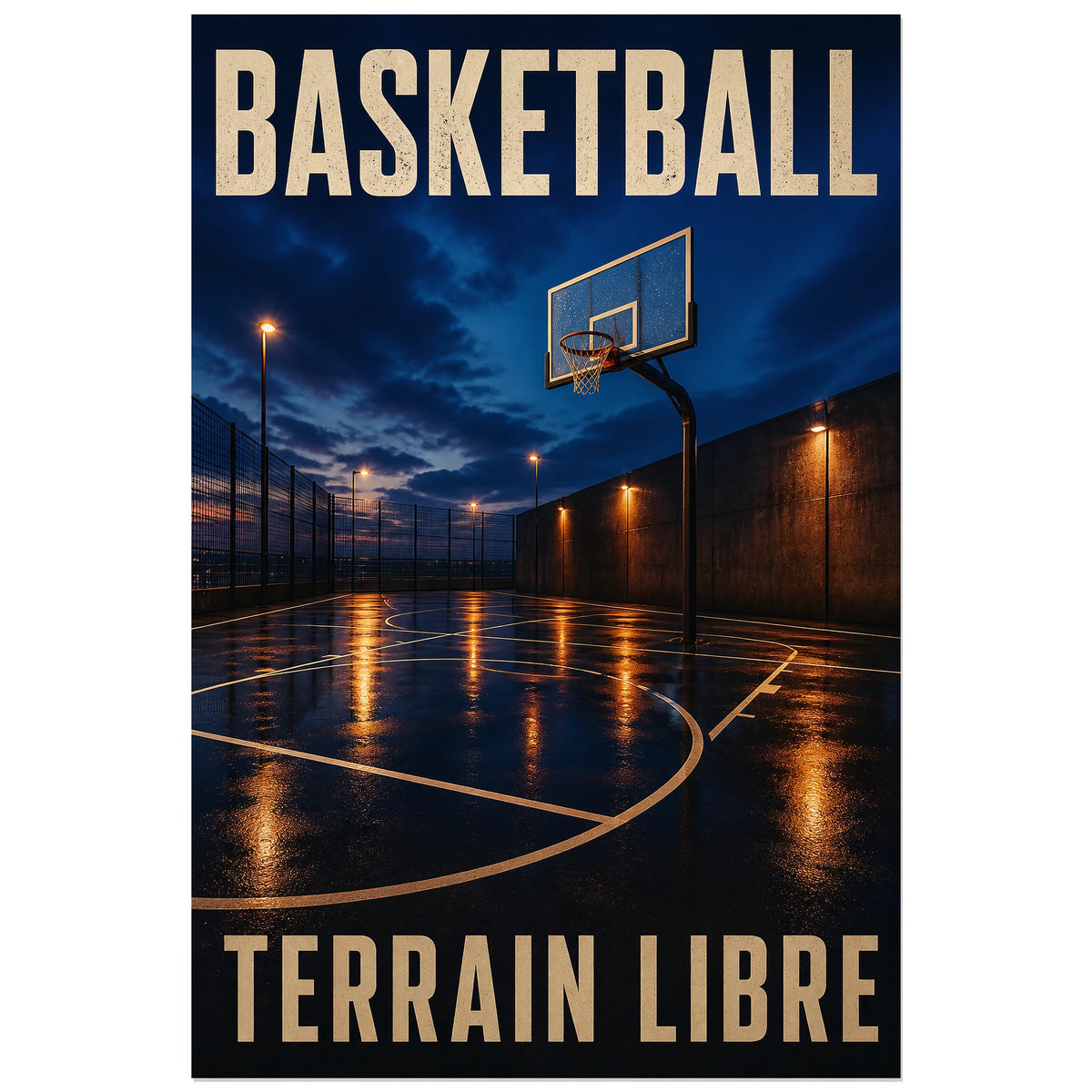 Terrain de basket sans joueurs éclairé après la pluie, affiche 30 × 45 cm