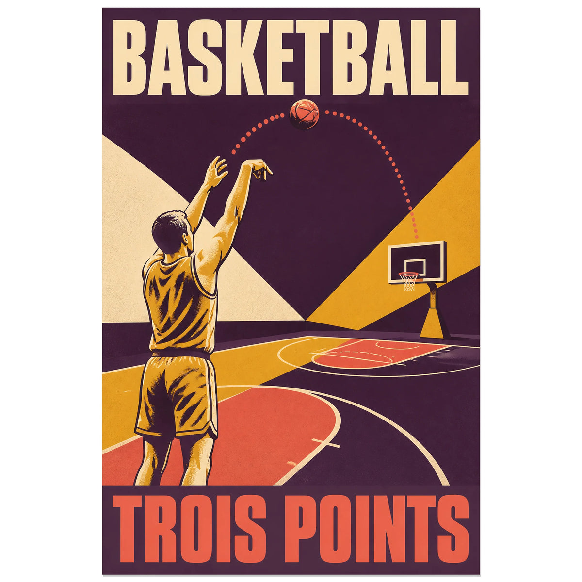 Affiche Trois points aux formes ocre et corail avec basketteur, 60 × 90 cm