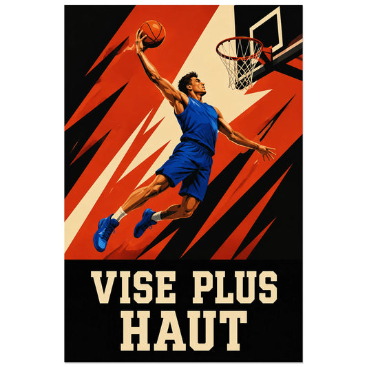 Action de basketball devant des bandes orange et noires obliques, affiche 30 × 45 cm