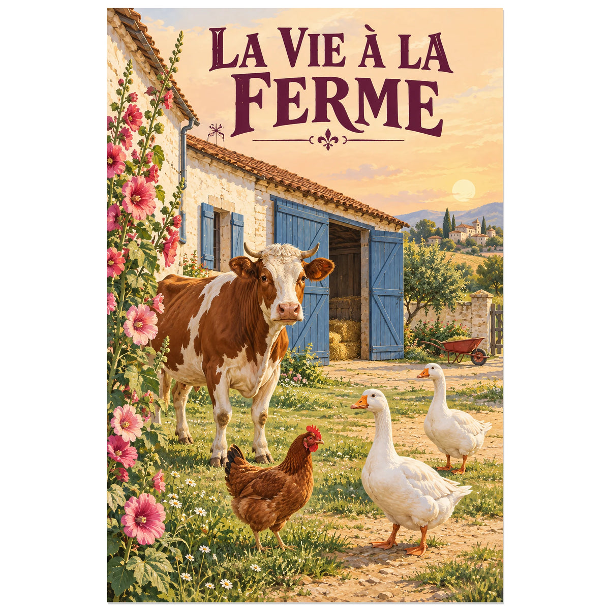 Affiche Basse-cour – La vie à la ferme, affiche vintage / paysage champêtre verticale, format 40 × 60 cm