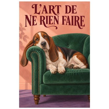 Affiche Basset hound – L’art de ne rien faire, peinture figurative / affiche humoristique verticale, format 30 × 45 cm