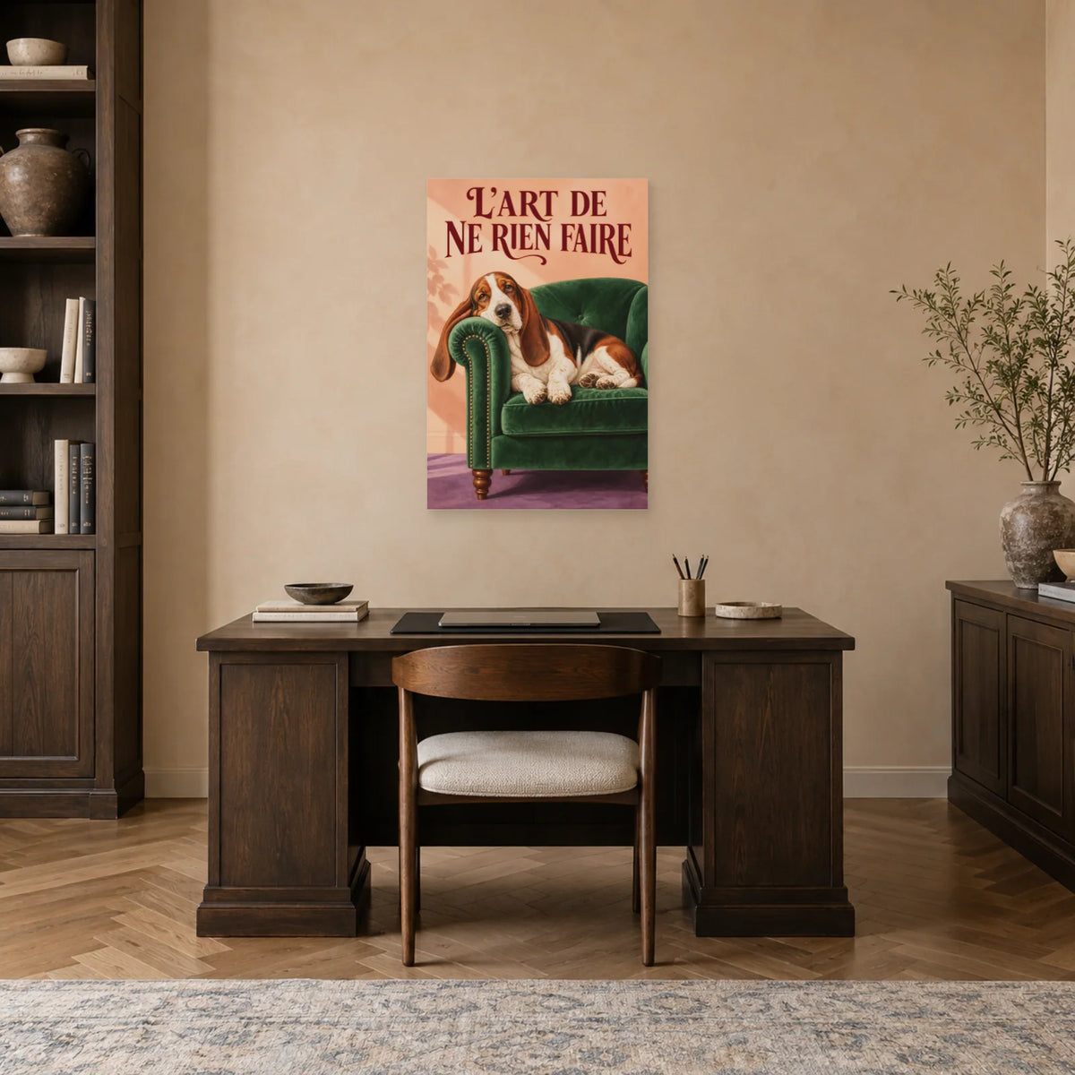 Affiche Basset hound - L'art de ne rien faire dans un bureau - Art Virtuoso