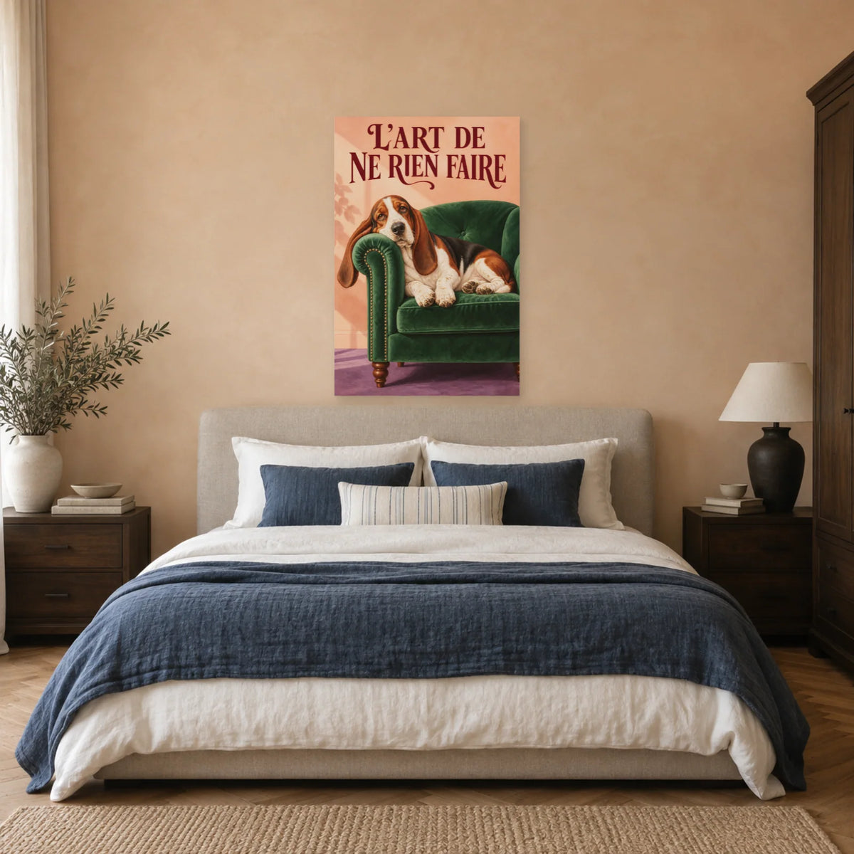 Affiche Basset hound - L'art de ne rien faire dans une chambre - Art Virtuoso