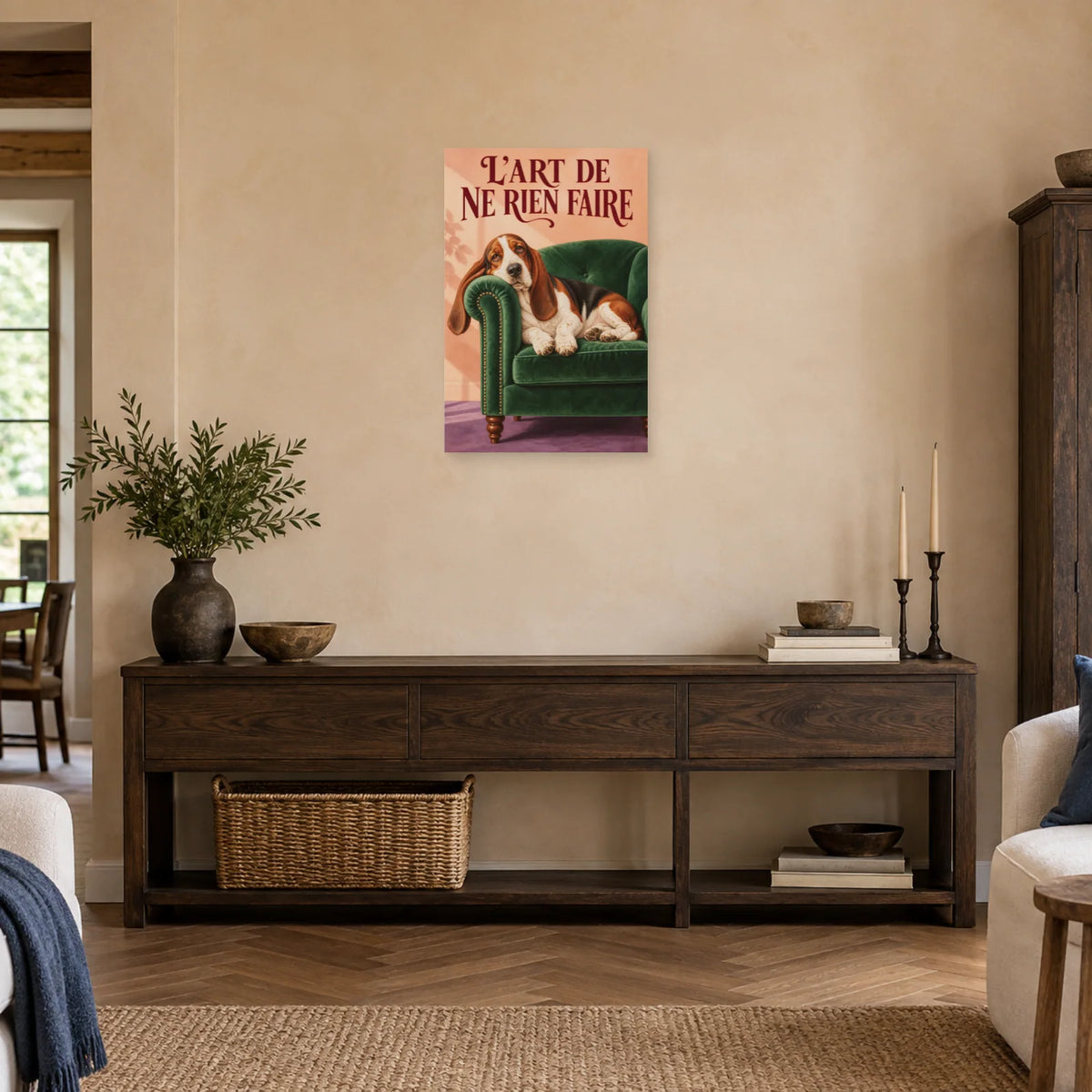 Affiche Basset hound - L'art de ne rien faire dans une entrée ou un couloir - Art Virtuoso