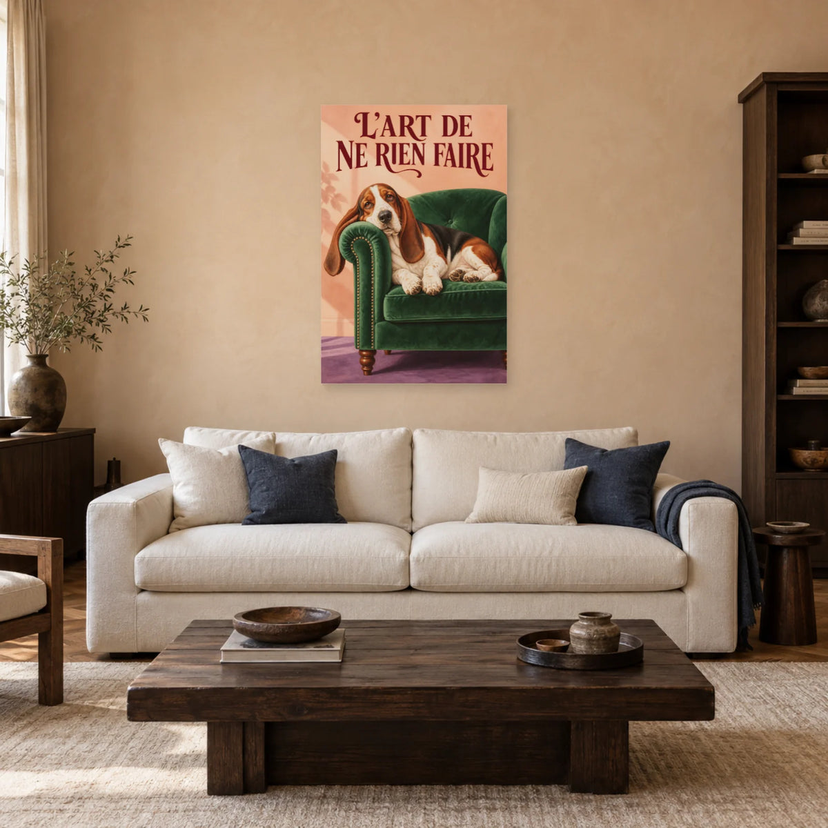 Affiche Basset hound - L'art de ne rien faire dans un salon - Art Virtuoso