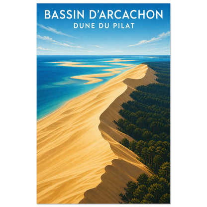 Affiche Bassin d’Arcachon – Dune du Pilat, illustration éditoriale verticale, format 30 × 45 cm