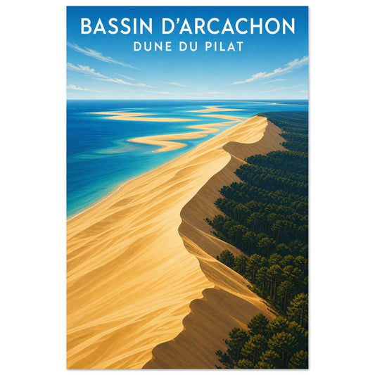 Affiche Bassin d’Arcachon – Dune du Pilat, illustration éditoriale verticale, format 30 × 45 cm