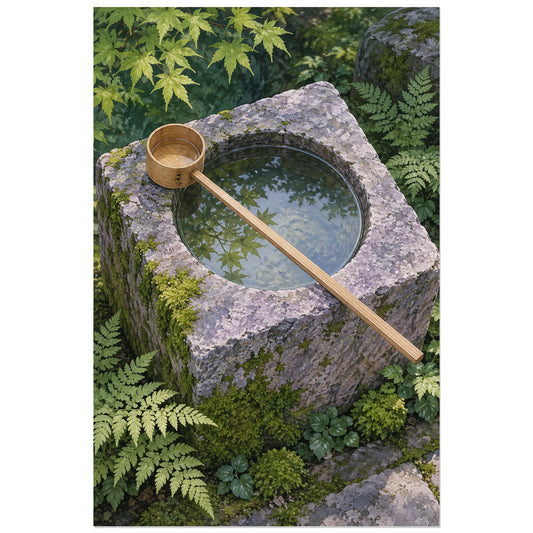 Louche en bois sur un bassin de pierre au milieu du feuillage, visuel 30 × 45 cm