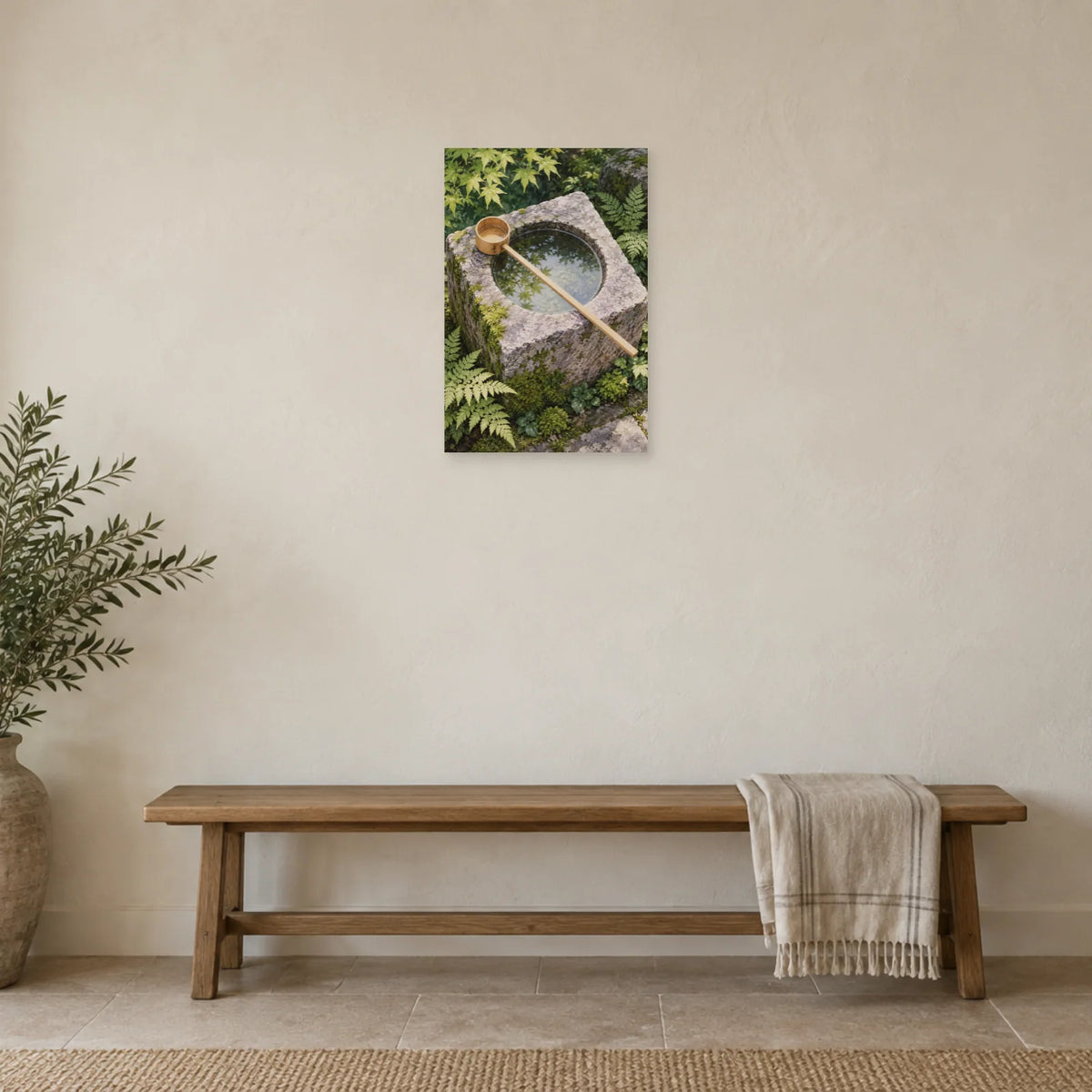 Affiche Bassin de pierre - La louche de bois dans une entrée ou un couloir - Art Virtuoso