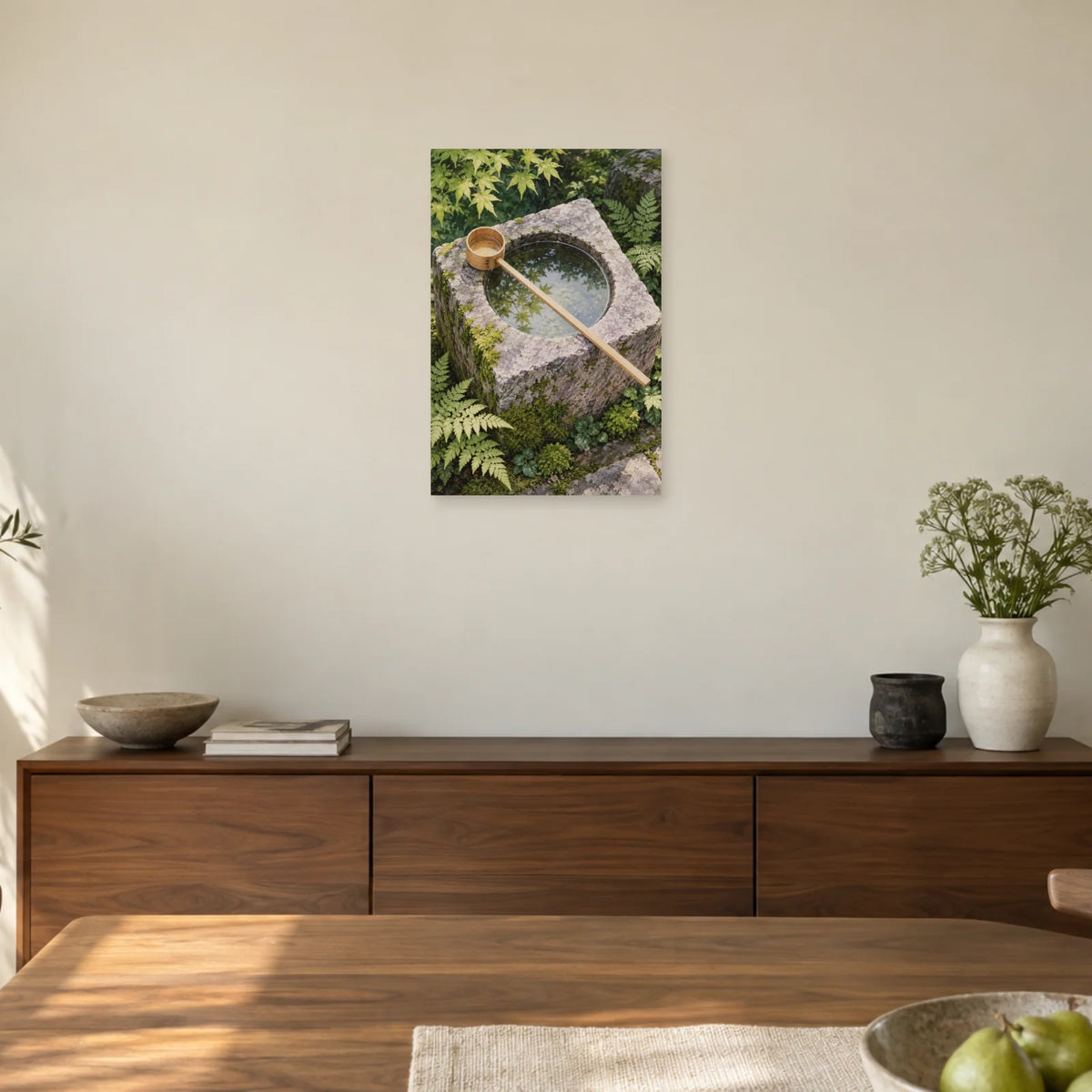 Affiche Bassin de pierre - La louche de bois dans une salle à manger - Art Virtuoso
