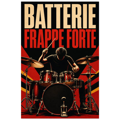 Affiche Batterie - Frappe forte, serigraphie de batterie puissante et contrastee verticale, format 30 × 45 cm