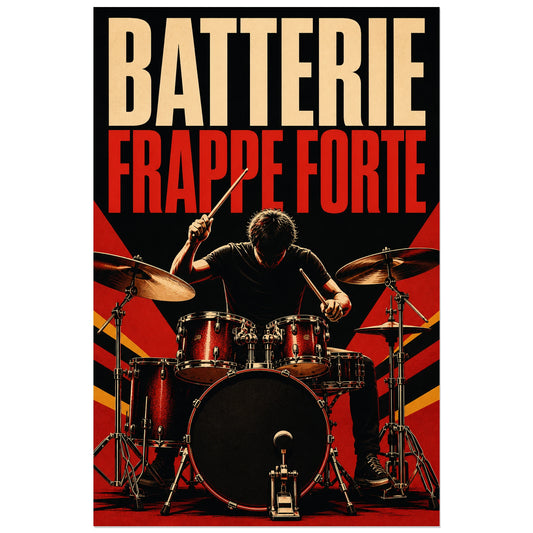 Affiche Batterie - Frappe forte, serigraphie de batterie puissante et contrastee verticale, format 30 × 45 cm