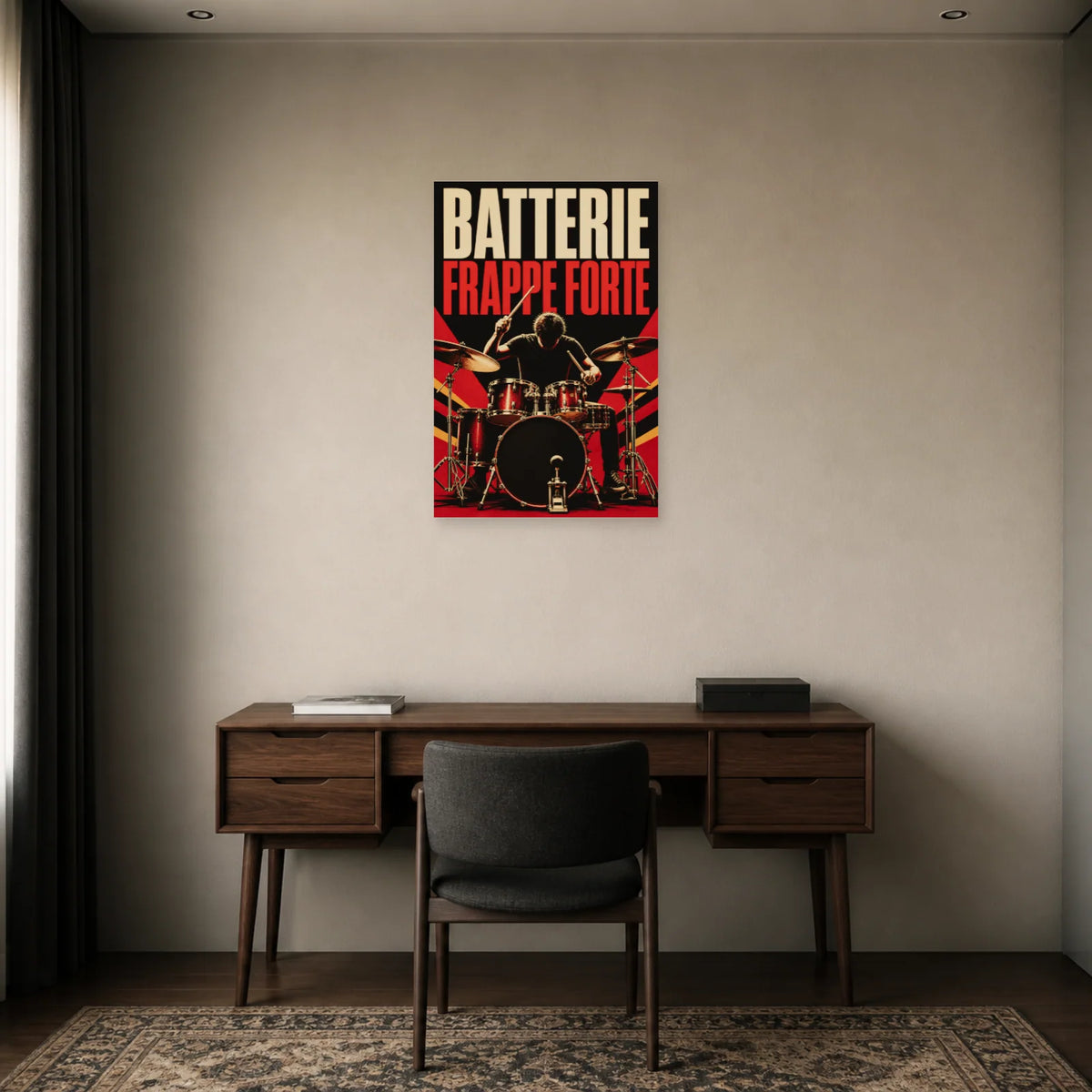 Affiche Batterie - Frappe forte dans un bureau - Art Virtuoso
